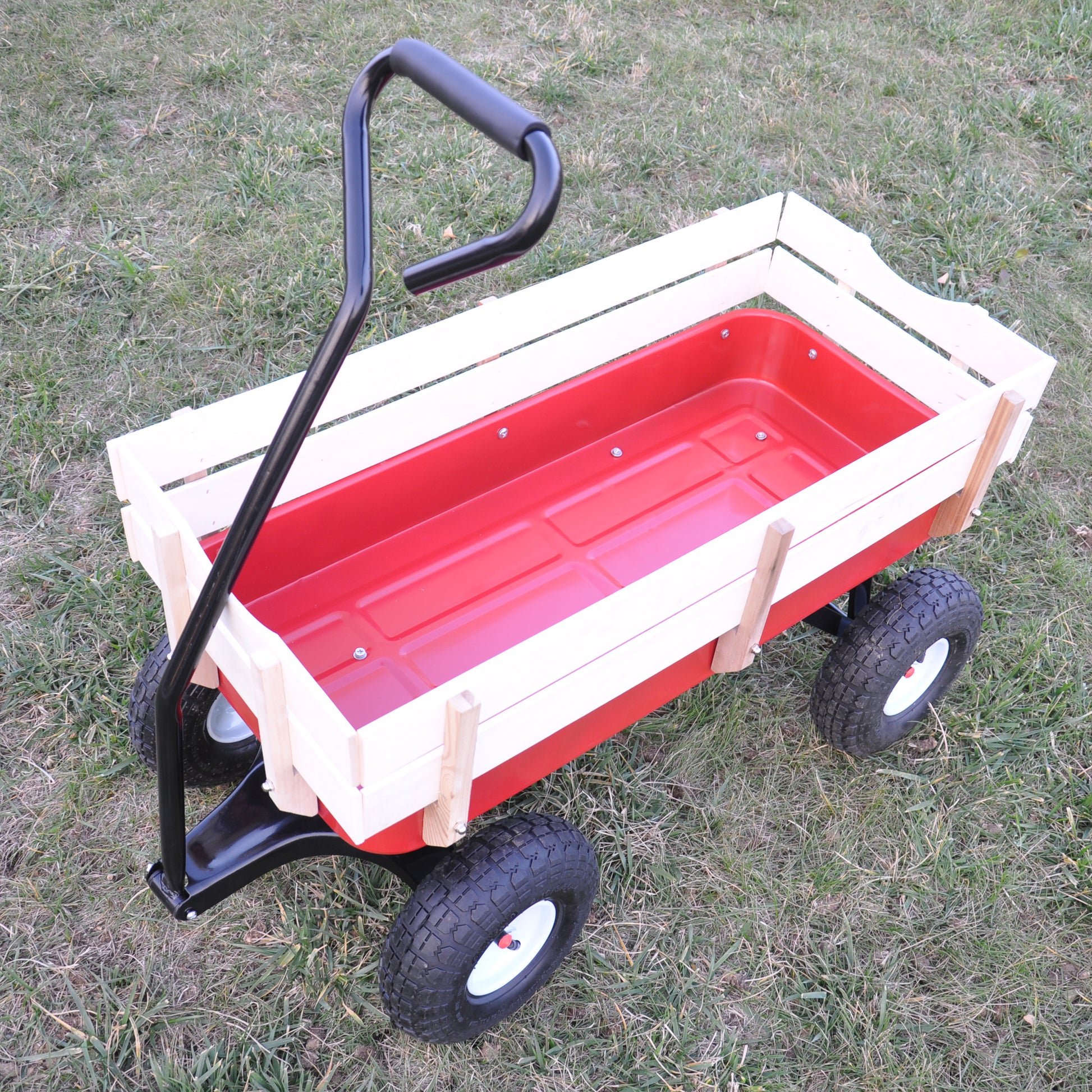Outdoor Wagon All Terrain Pulling Wood Railing Air Tires Garden Cart Red White Red Garden & Outdoor Metal