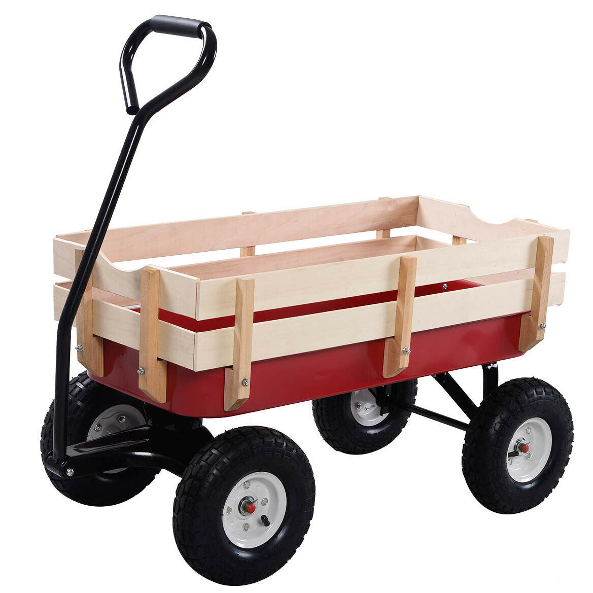 Outdoor Wagon All Terrain Pulling Wood Railing Air Tires Garden Cart Red White Red Garden & Outdoor Metal
