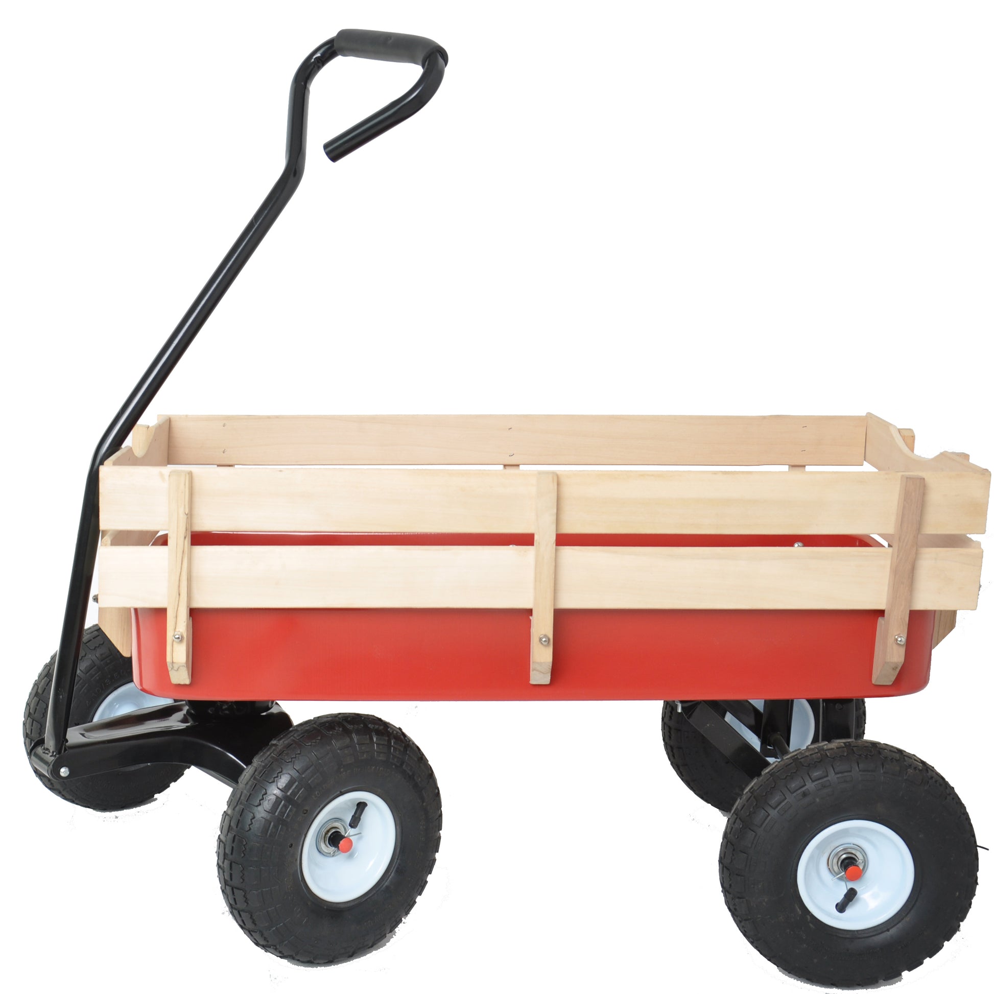 Outdoor Wagon All Terrain Pulling Wood Railing Air Tires Garden Cart Red White Red Garden & Outdoor Metal