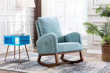 Coolmore Rocking Chair, Modern Glider Chair, Recliner Armchair With Wood Legs And Side Pocket, Nursery Rocking Accent Chair With High Back For Living Room Bedroom Light Blue Linen Blue Foam Solid Wood