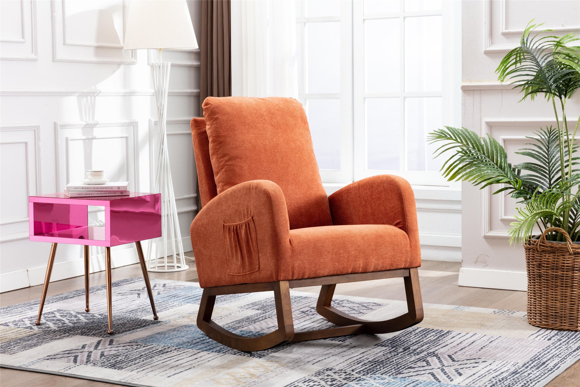 Coolmore Rocking Chair, Modern Glider Chair, Recliner Armchair With Wood Legs And Side Pocket, Nursery Rocking Accent Chair With High Back For Living Room Bedroom Orange Linen Orange Foam Solid Wood Mdf