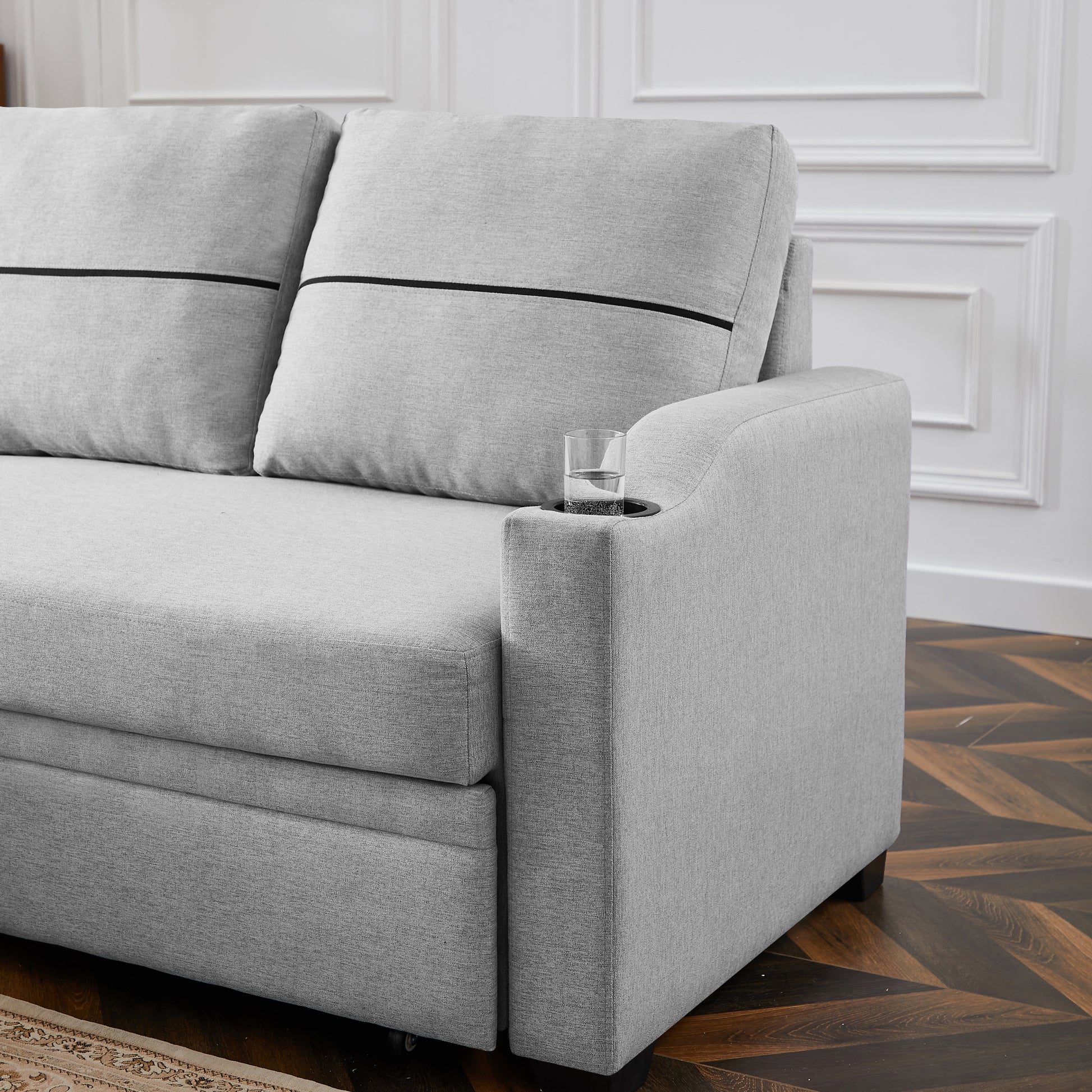 9191 Light Gray Pull Out Storage Sofa Gray Linen 4 Seat