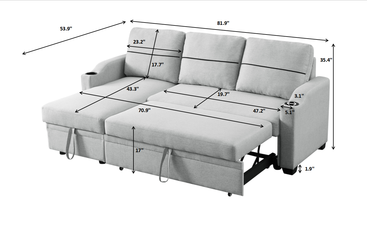 9191 Light Gray Pull Out Storage Sofa Gray Linen 4 Seat