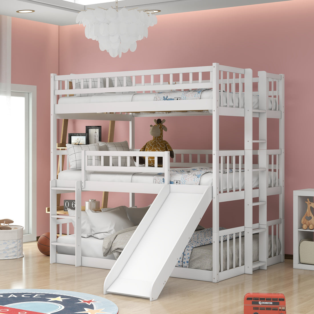 Full Over Full Over Full Triple Bed With Built In Ladder And Slidetriple Bunk Bed With Guardrails, White Old Sku :Lp000052Aak White Solid Wood