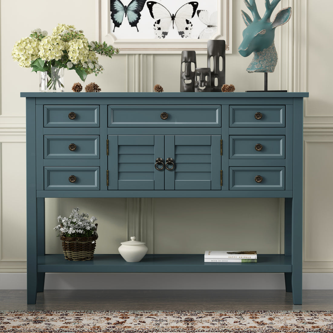 44.5'' Modern Console Table Sofa Table For Living Room With 7 Drawers, 1 Cabinet And 1 Shelf Blue Mdf