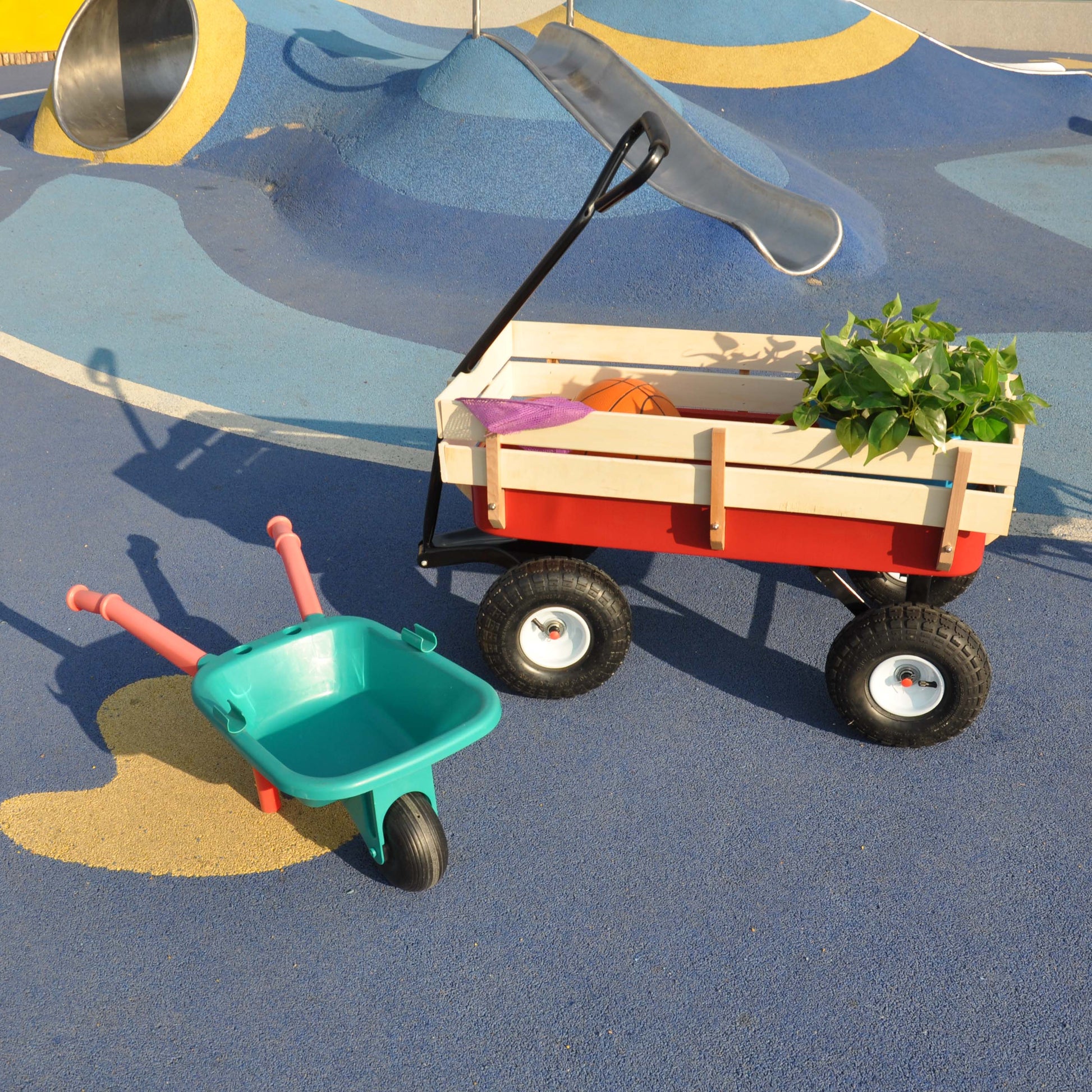 Outdoor Wagon All Terrain Pulling Wood Railing Air Tires Garden Cart Red White Red Garden & Outdoor Metal