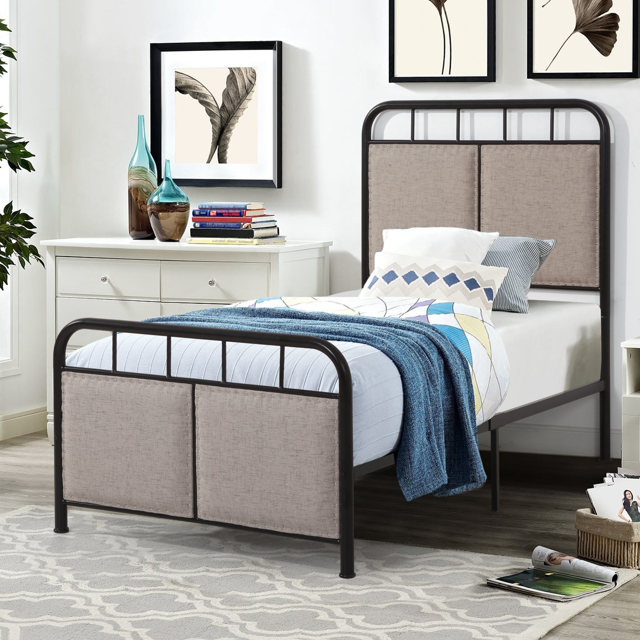 Twin Size Linen Upholstered Platform Metal Bed Frame With Fabric Headboard And Footboard Beige Metal