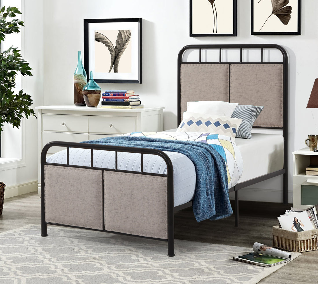 Twin Size Linen Upholstered Platform Metal Bed Frame With Fabric Headboard And Footboard Beige Metal