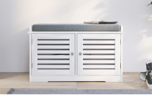 Shoe Storage Bench With Padded Seat Cushion, Entryway Bench With 2 Barn Doors White White Mdf