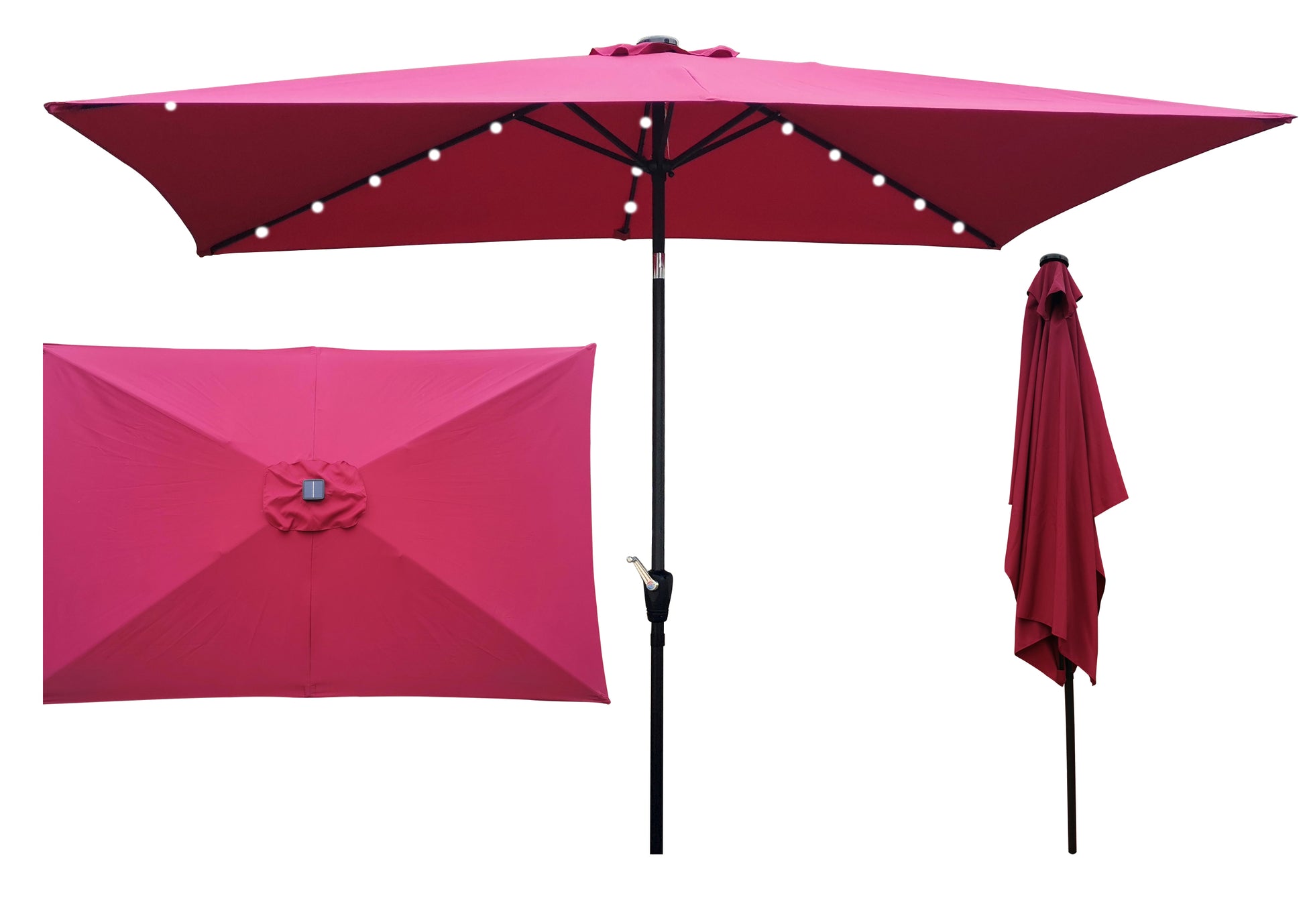 10 X 6.5T Rectangular Patio Solar Led Lighted Outdoor Umbrellas With Crank And Push Button Tilt For Garden Backyard Pool Swimming Pool Burgundy Metal