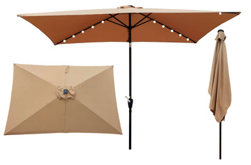 10 X 6.5T Rectangular Patio Solar Led Lighted Outdoor Market Umbrellas With Crank & Push Button Tilt For Garden Shade Outside Swimming Pool Brown Metal