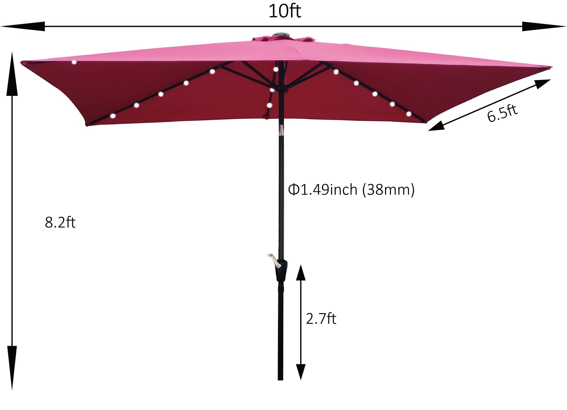 10 X 6.5T Rectangular Patio Solar Led Lighted Outdoor Umbrellas With Crank And Push Button Tilt For Garden Backyard Pool Swimming Pool Burgundy Metal