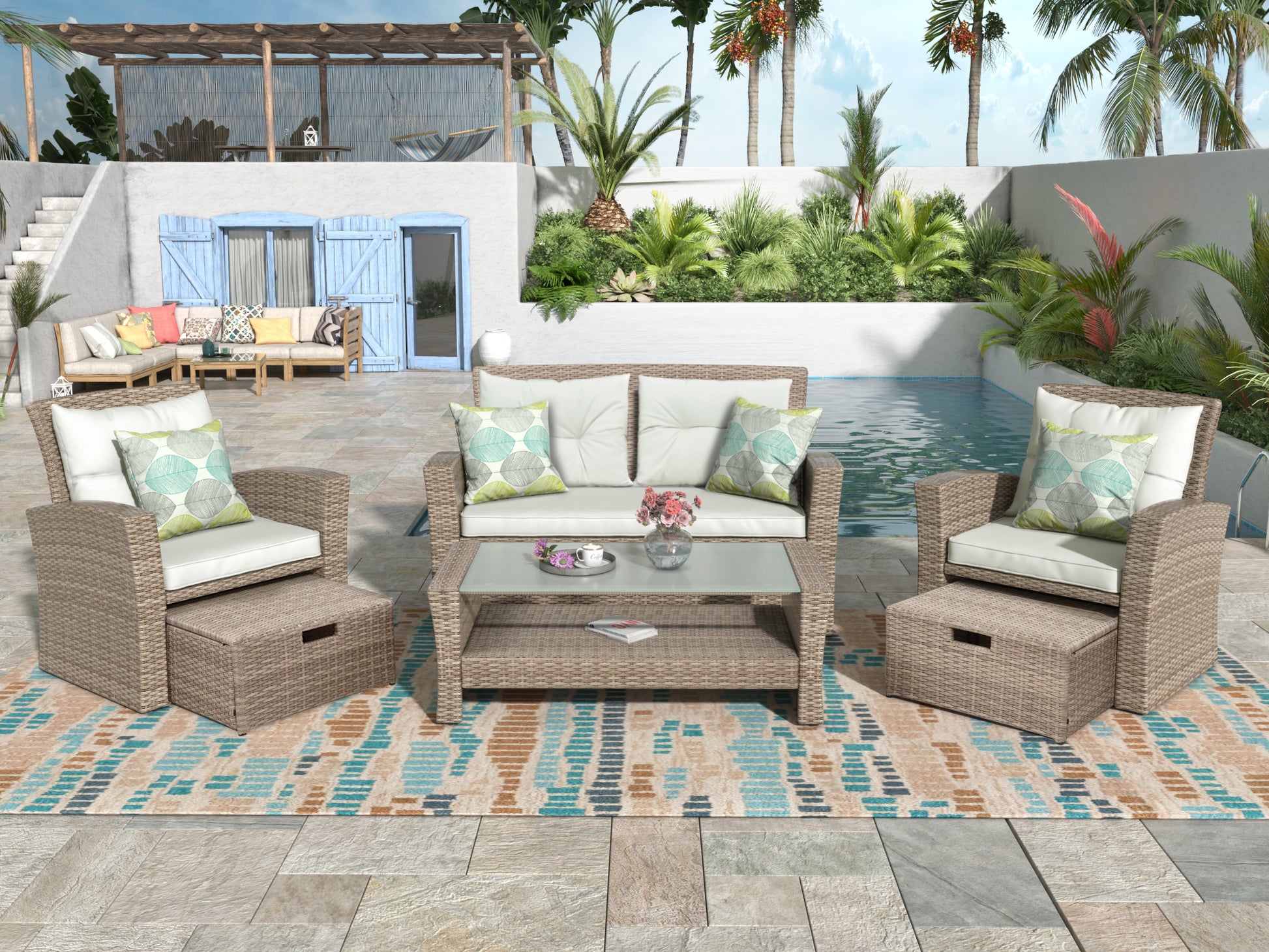 Patio Furniture Set, 4 Piece Outdoor Conversation Set All Weather Wicker Sectional Sofa With Ottoman And Cushions Beige Rattan