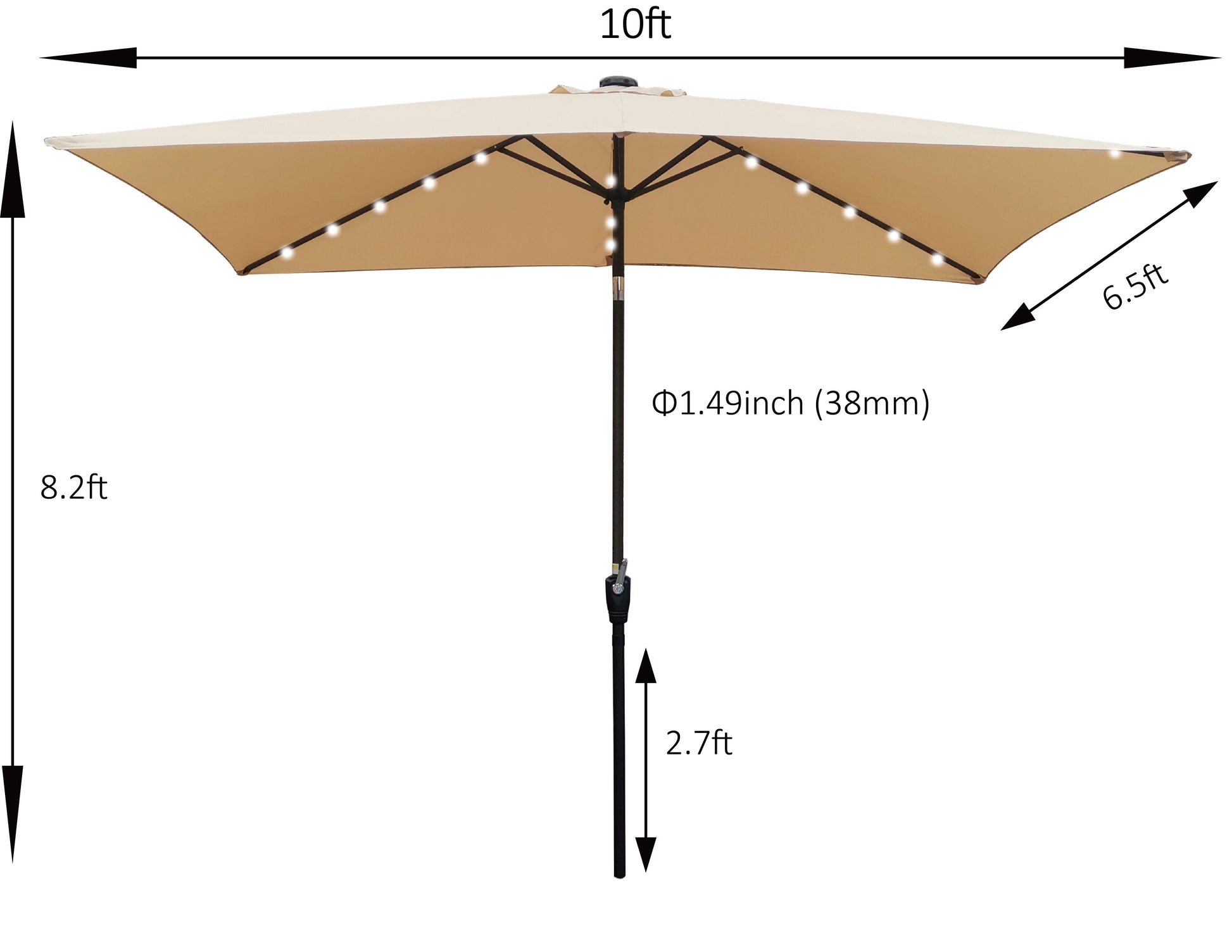 10 X 6.5T Rectangular Patio Solar Led Lighted Outdoor Market Umbrellas With Crank And Push Button Tilt For Garden Shade Swimming Poo Tan Metal