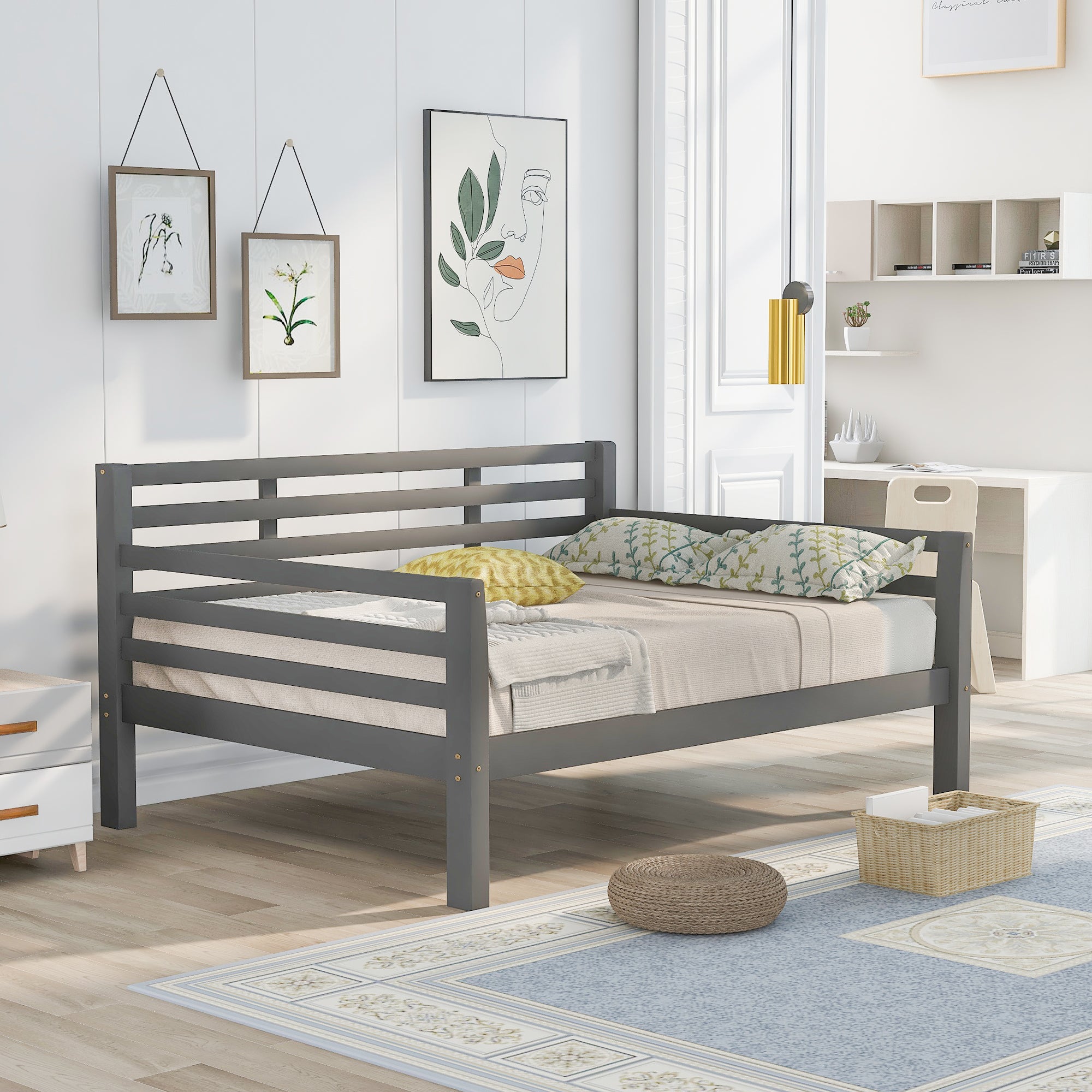 Wooden Full Size Daybed With Clean Lines, Gray Gray Pine