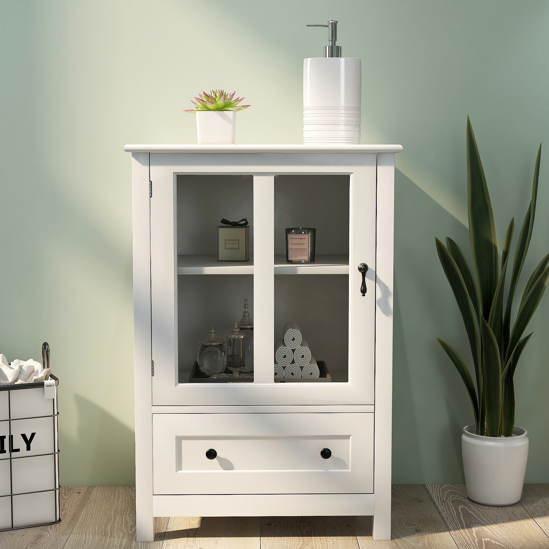 Buffet Storage Cabinet With Single Glass Doors And Unique Bell Handle White Mdf