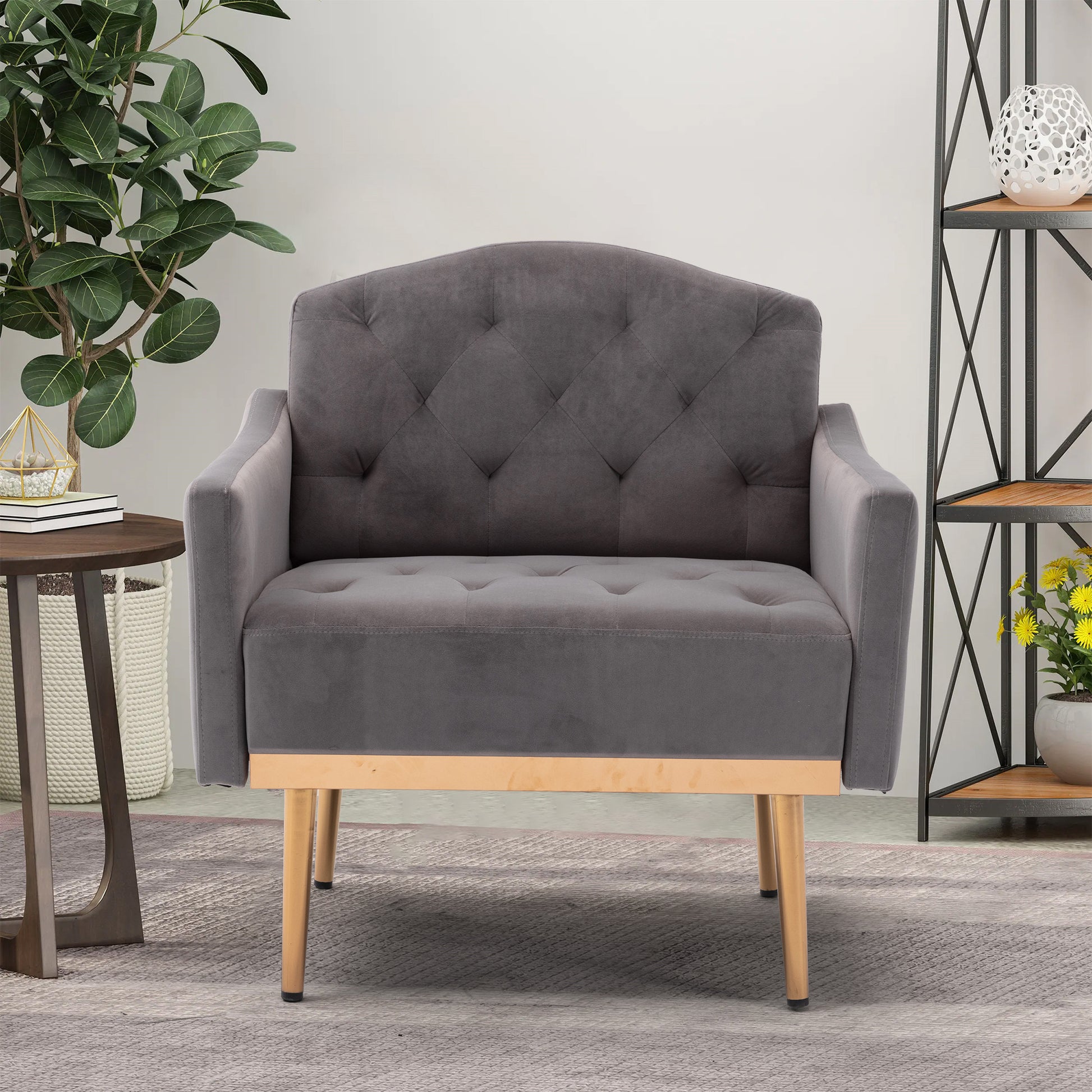 Coolmore Modern Accent Chair With Arms, Tufted Decorative Fabric Armchair With Gold Metal Legs, Upholstered Reading Chair For Living Room Bedroom Office Gray Gray Foam Metal