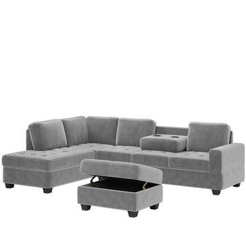 Orisfur. Modern Sectional Sofa With Reversible Chaise, L Shaped Couch Set With Storage Ottoman And Two Cup Holders For Living Room Gray Foam Velvet