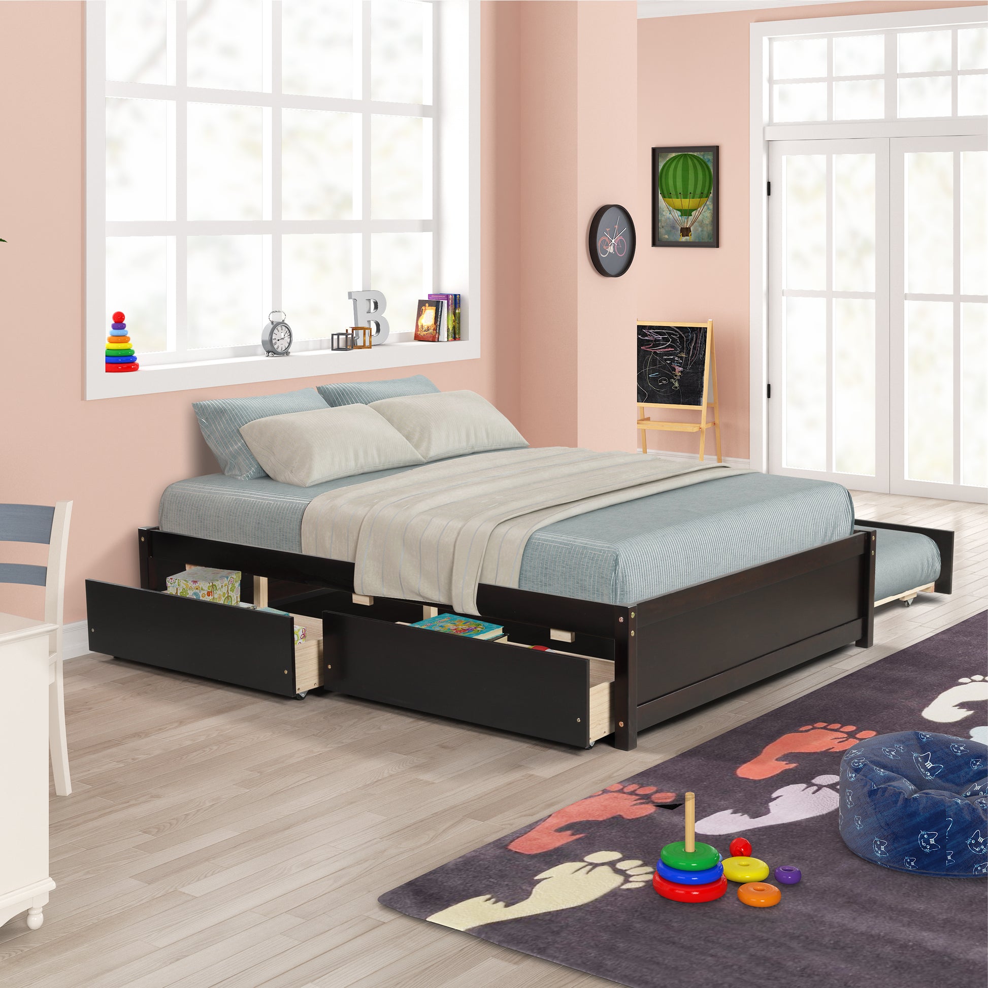 Full Bed With Twin Size Trundle And Two Drawers For Espresso Color Full Espresso Bedroom Solid Wood