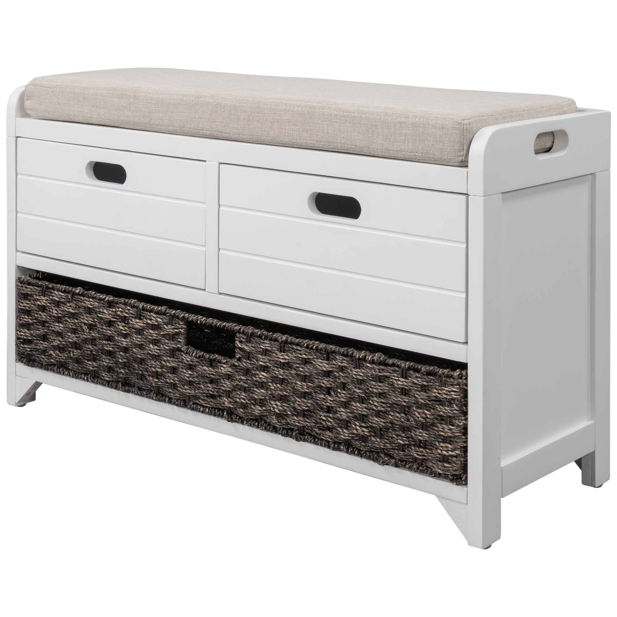 Storage Bench With Removable Basket And 2 Drawers, Fully Assembled Shoe Bench With Removable Cushion White White Solid Wood