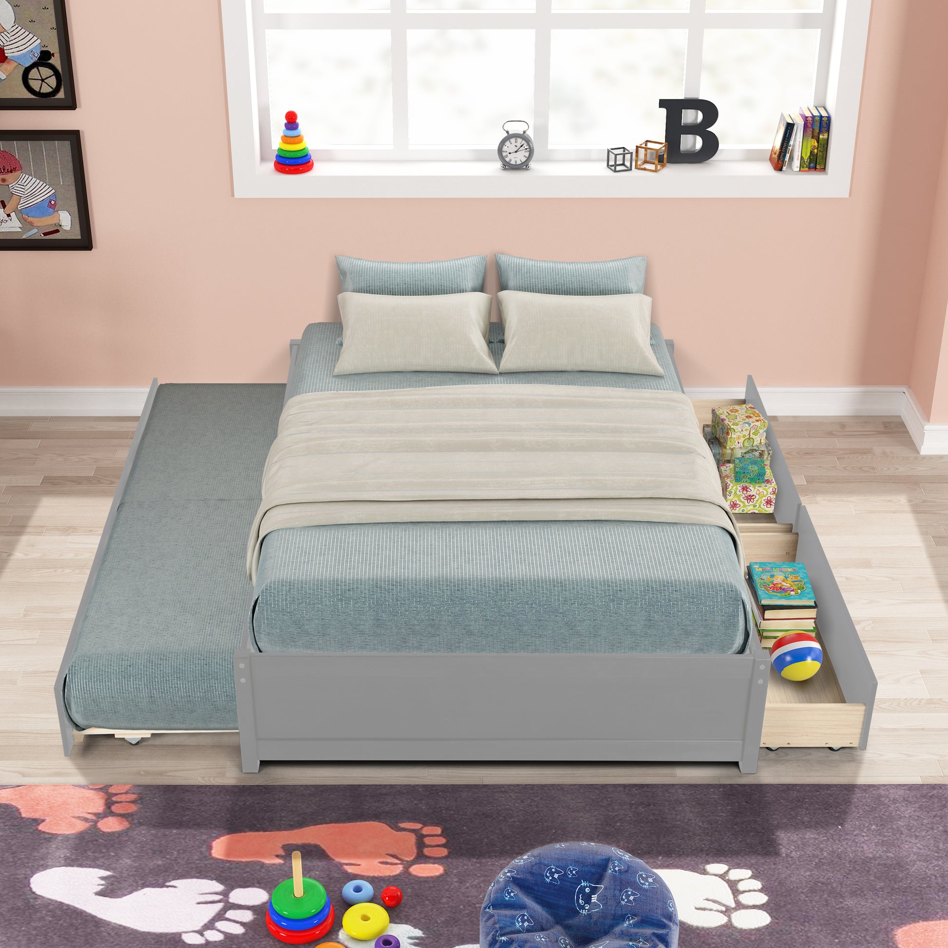 Full Bed With Twin Size Trundle And Two Drawers For Grey Color Full Gray Solid Wood