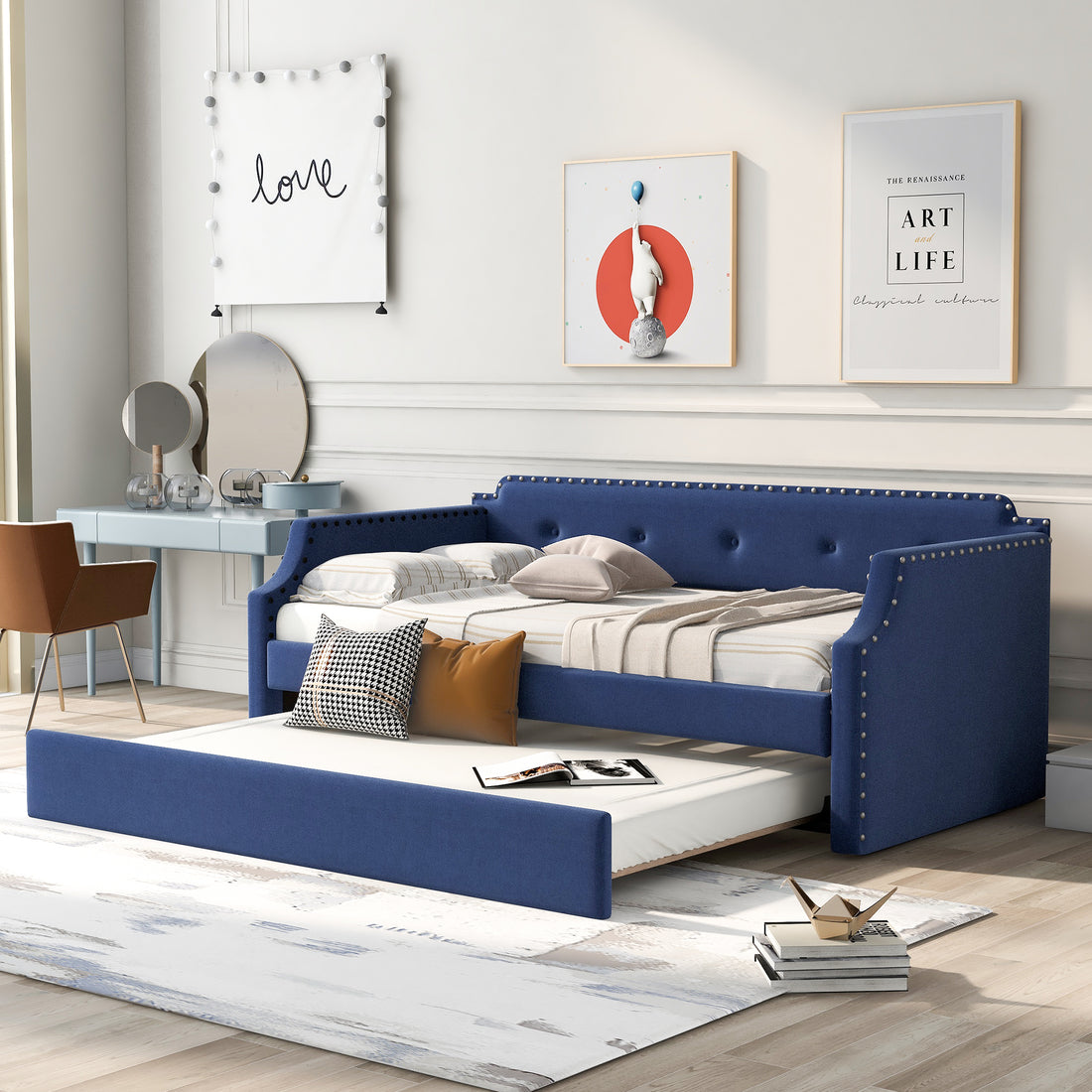 Upholstered Daybed With Trundle, Wood Slat Support,Upholstered Frame Sofa Bedtwin,Blue Blue Linen