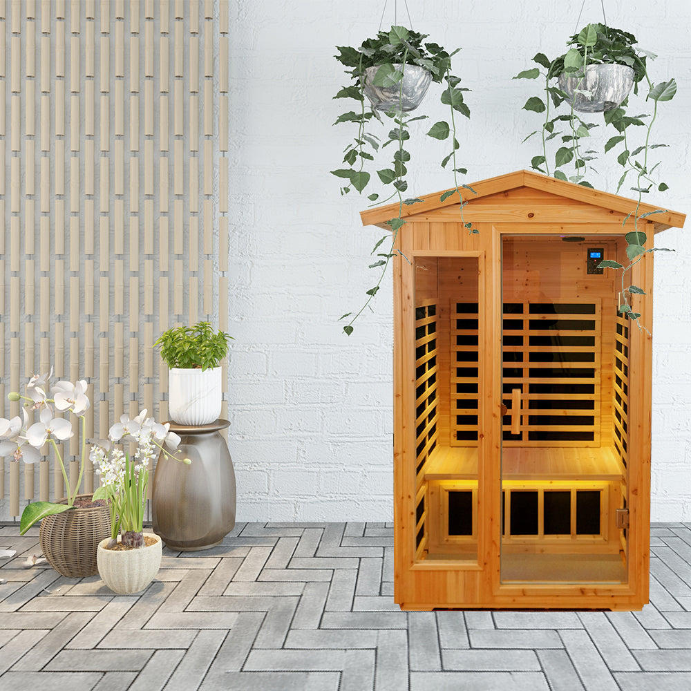 Two Person Far Infrared Old Fir Outdoor Sauna Room Left & Right Natural Solid Wood