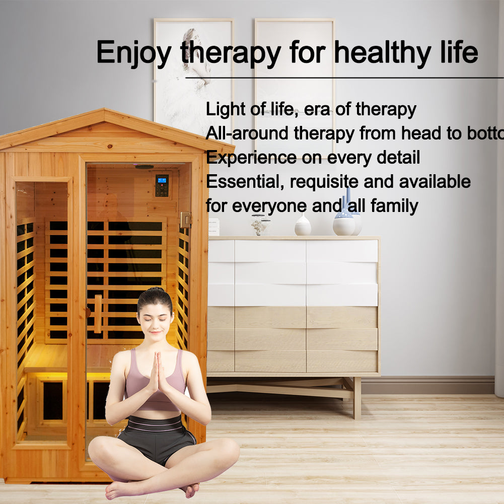 Two Person Far Infrared Old Fir Outdoor Sauna Room Left & Right Natural Solid Wood