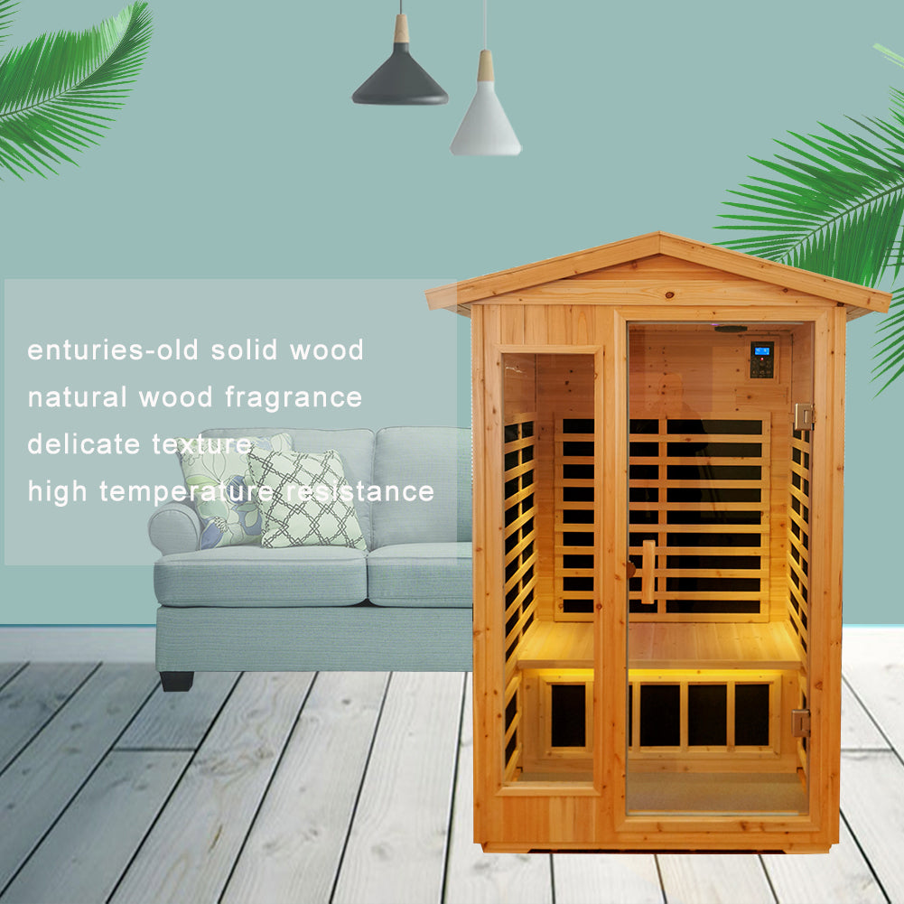 Two Person Far Infrared Old Fir Outdoor Sauna Room Left & Right Natural Solid Wood