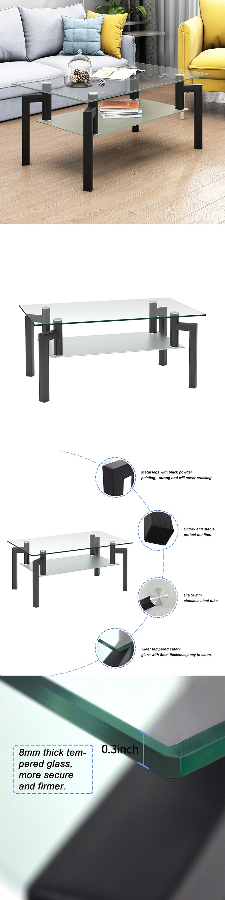 Rectangle Black Glass Coffee Table, Clear Coffee Table Modern Side Center Tables For Living Room Living Room Furniture Black Glass