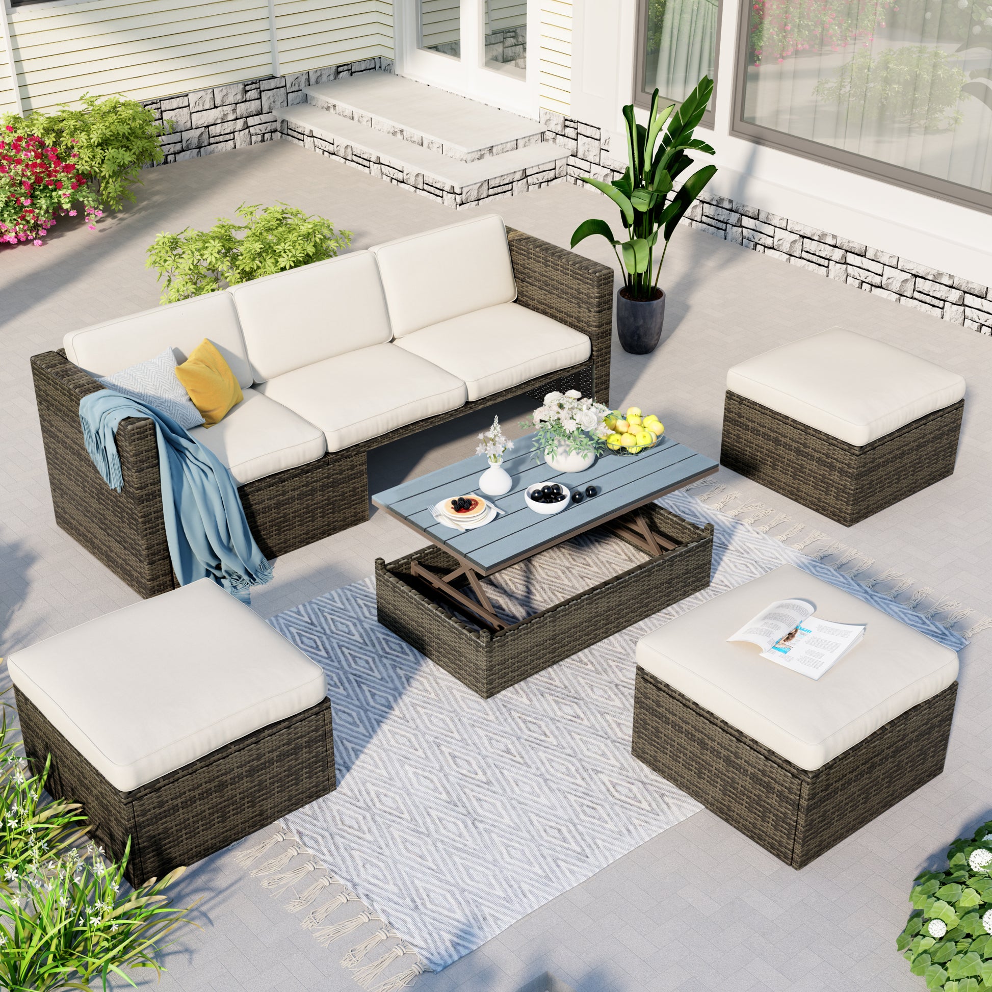 Patio Furniture Sets, 5 Piece Patio Wicker Sofa With Adustable Backrest, Cushions, Ottomans And Lift Top Coffee Table Beige Rattan