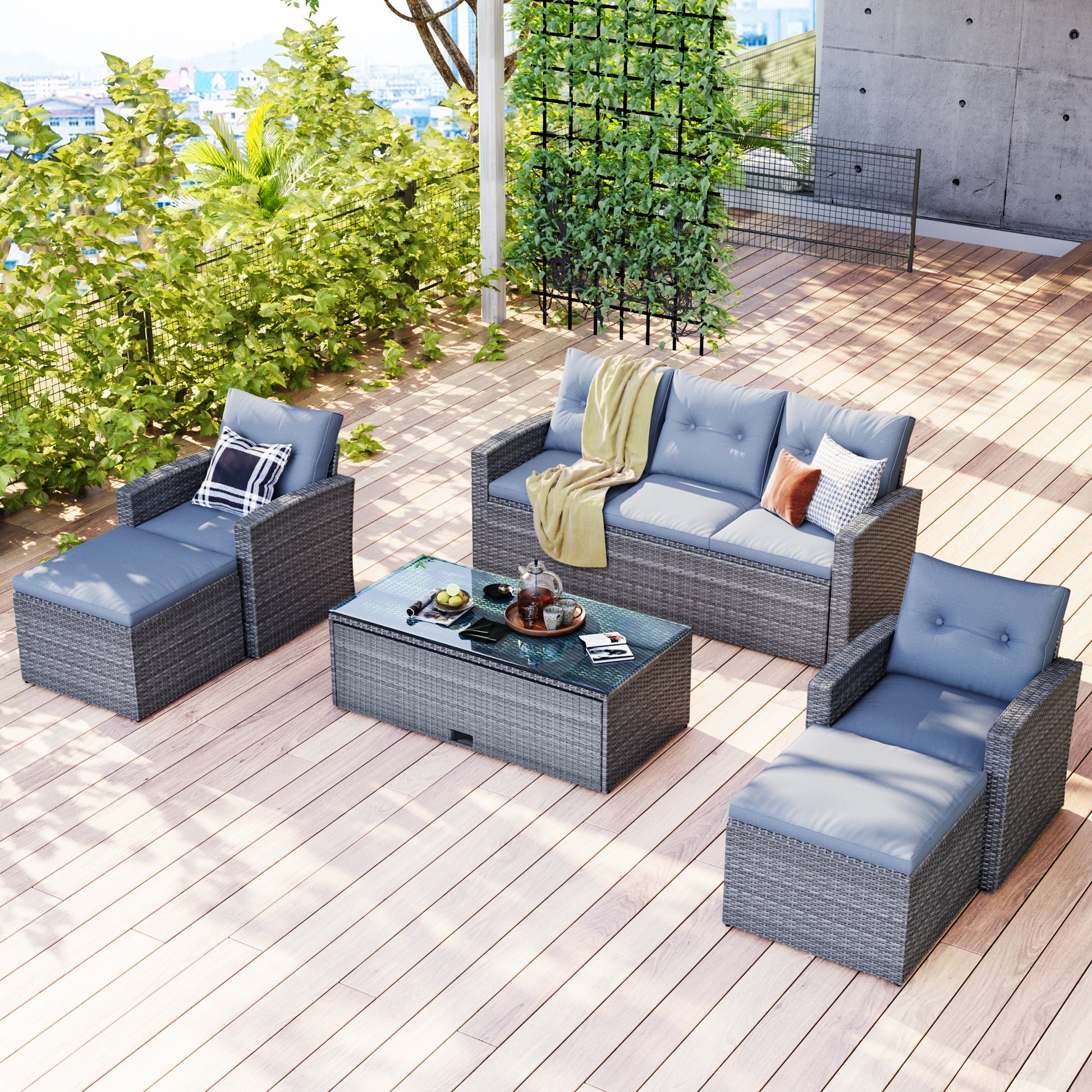 6 Piece All Weather Wicker Pe Rattan Patio Outdoor Dining Conversation Sectional Set With Coffee Table, Wicker Sofas, Ottomans, Removable Cushions Dark Grey Wicker, Light Grey Cushion Gray Wicker