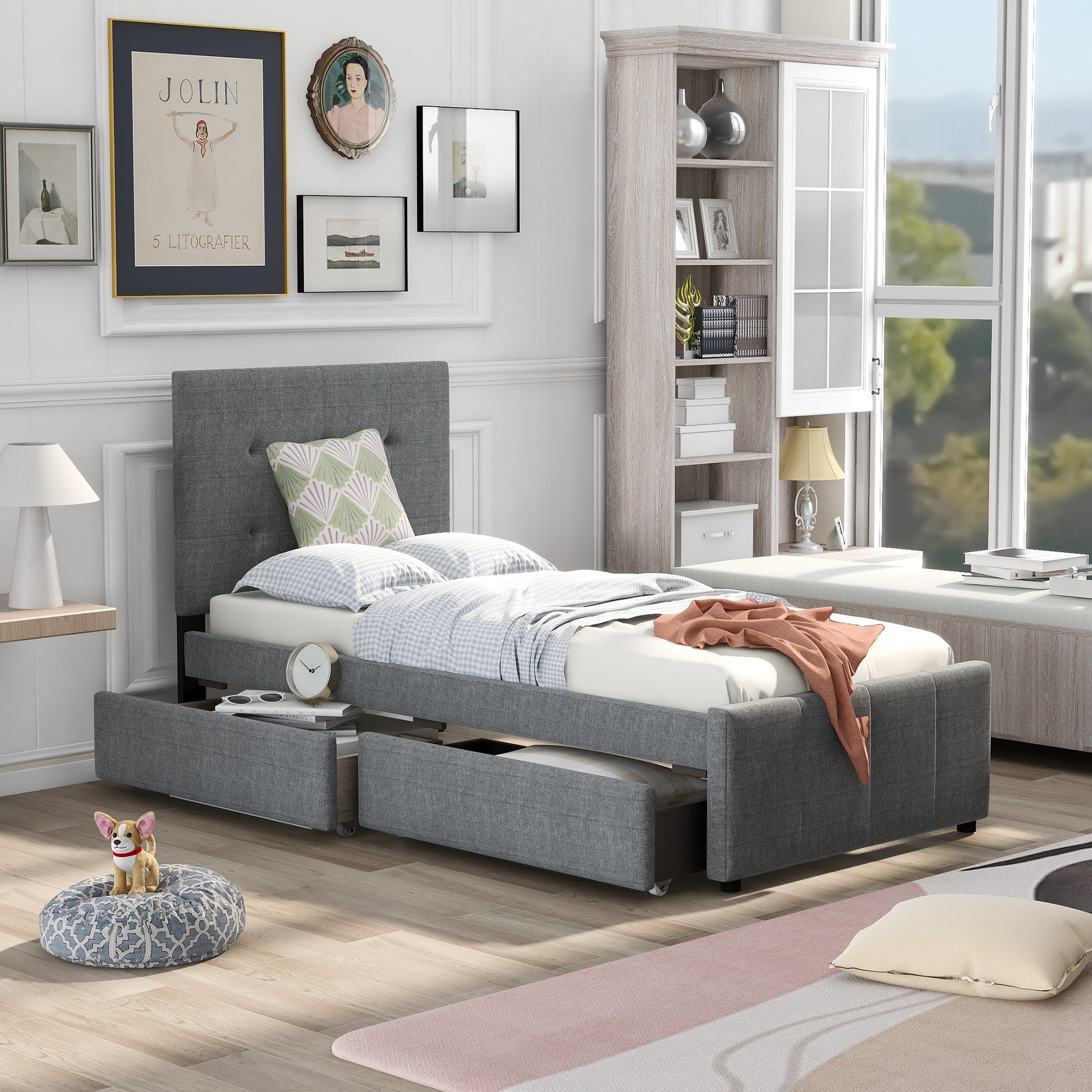 Linen Upholstered Platform Bed With Headboard And Two Drawers, Twin Twin Gray Linen