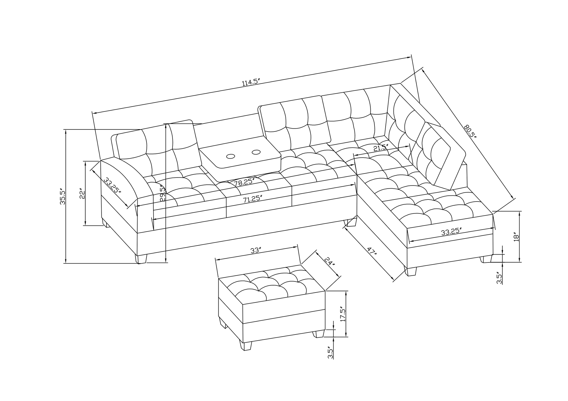 Sectional 3 Seaters Sofareversible Recliner, Storage Mat And Cup Holder, Non Slip Leg, Two Grey Pillows, Linen, Grey Gray Linen 6 Seat