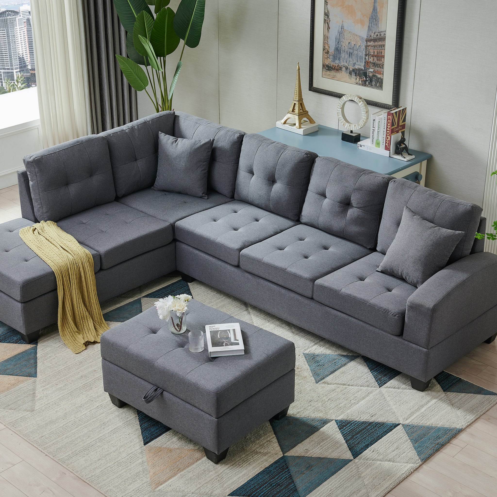 Sectional 3 Seaters Sofareversible Recliner, Storage Mat And Cup Holder, Non Slip Leg, Two Grey Pillows, Linen, Grey Gray Linen 6 Seat