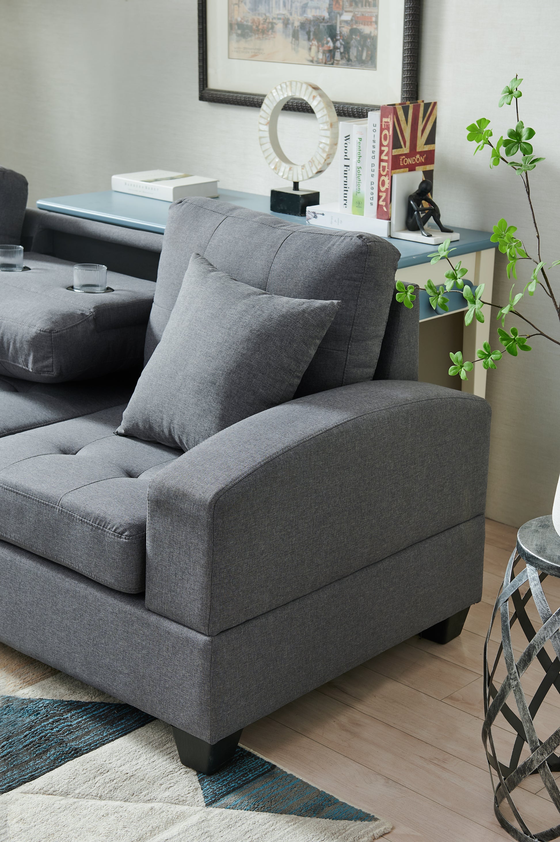 Sectional 3 Seaters Sofareversible Recliner, Storage Mat And Cup Holder, Non Slip Leg, Two Grey Pillows, Linen, Grey Gray Linen 6 Seat