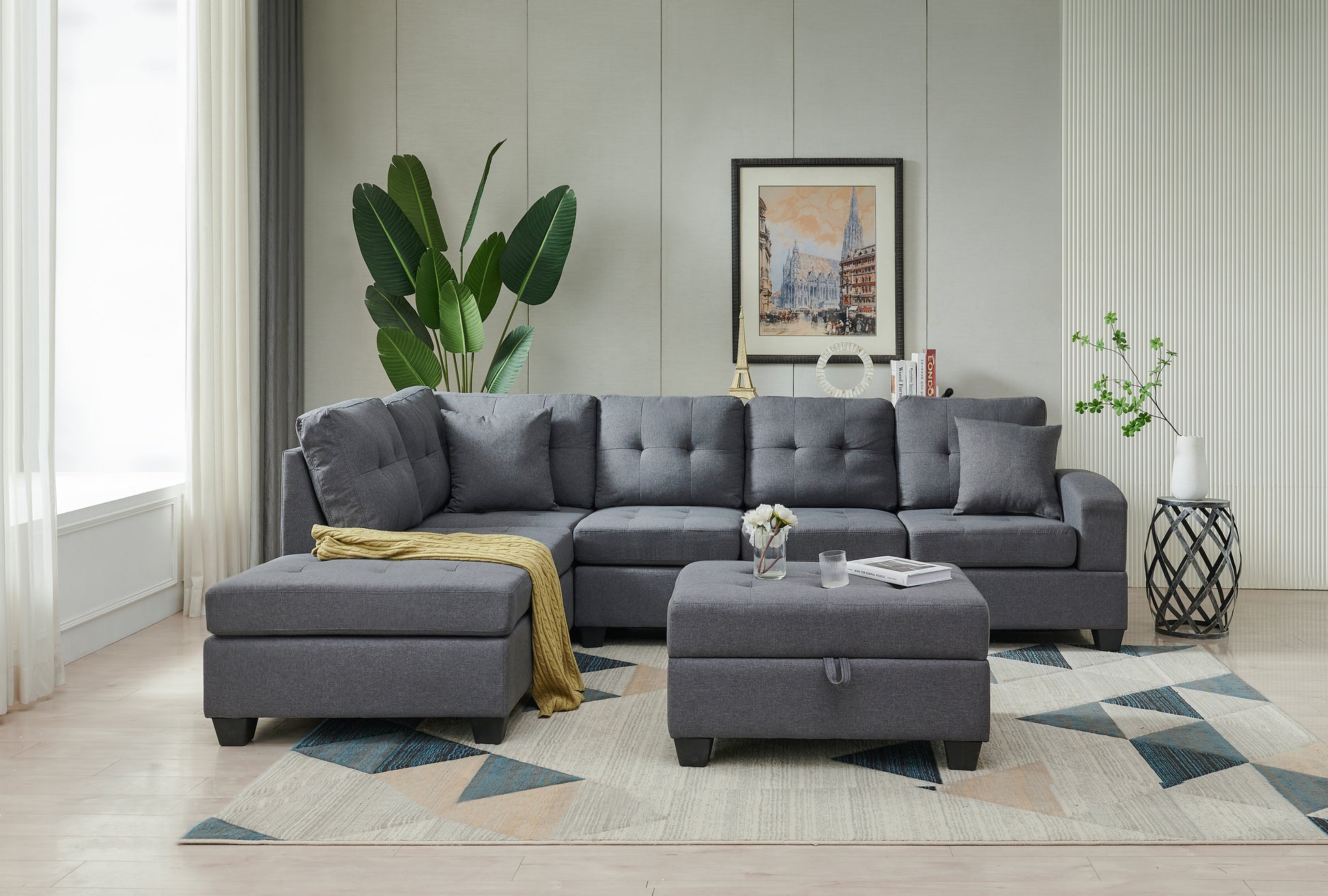 Sectional 3 Seaters Sofareversible Recliner, Storage Mat And Cup Holder, Non Slip Leg, Two Grey Pillows, Linen, Grey Gray Linen 6 Seat