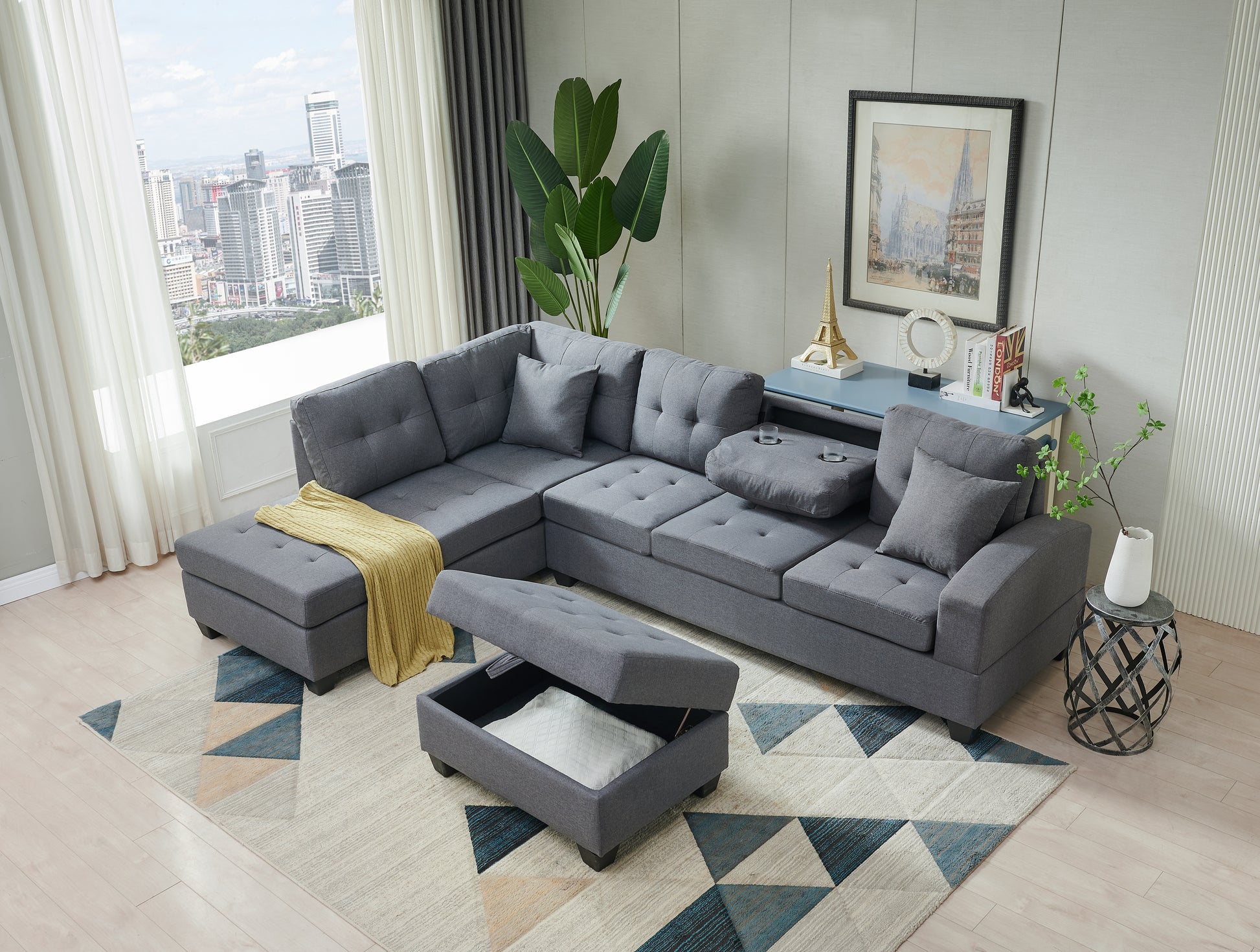 Sectional 3 Seaters Sofareversible Recliner, Storage Mat And Cup Holder, Non Slip Leg, Two Grey Pillows, Linen, Grey Gray Linen 6 Seat