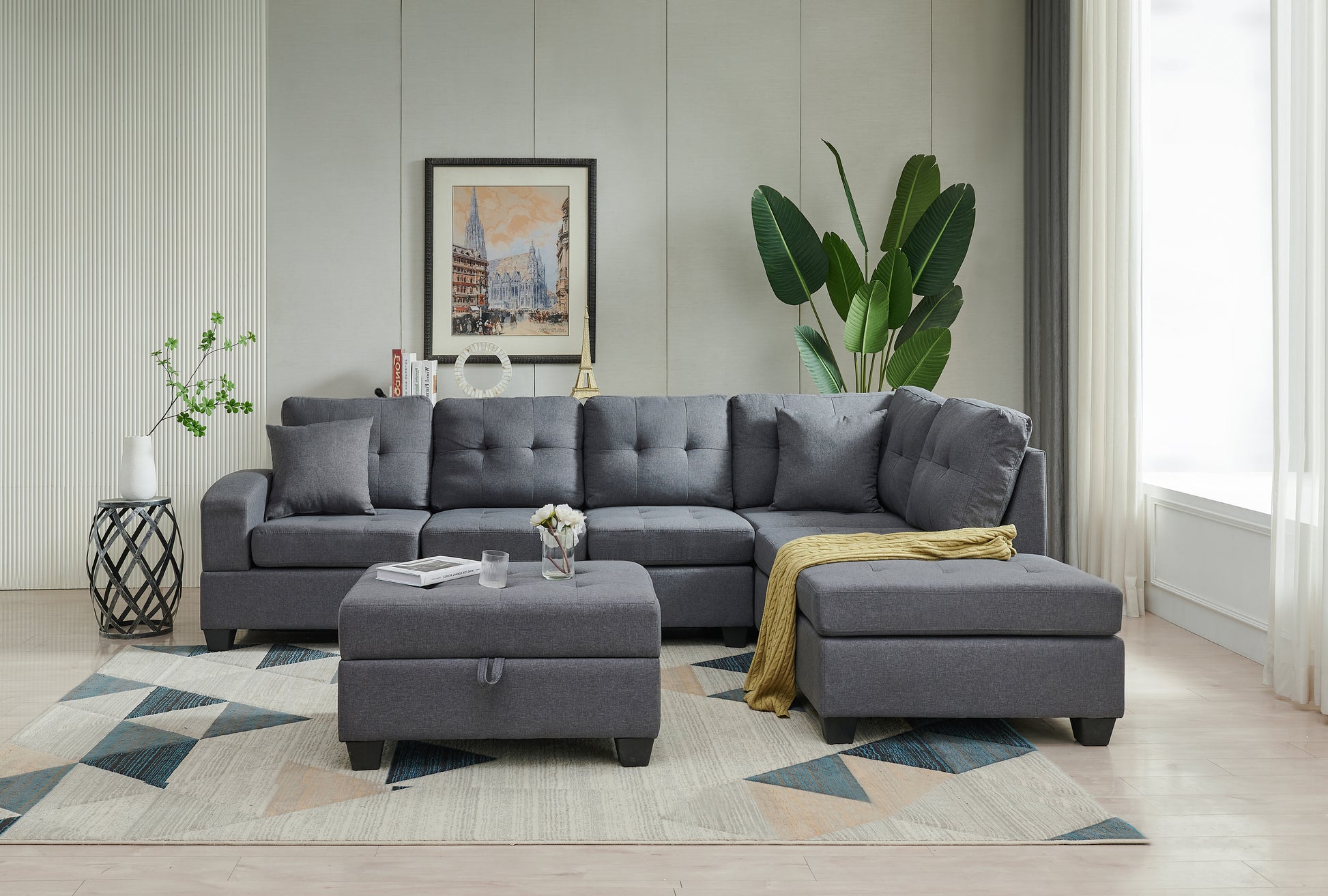 Sectional 3 Seaters Sofareversible Recliner, Storage Mat And Cup Holder, Non Slip Leg, Two Grey Pillows, Linen, Grey Gray Linen 6 Seat