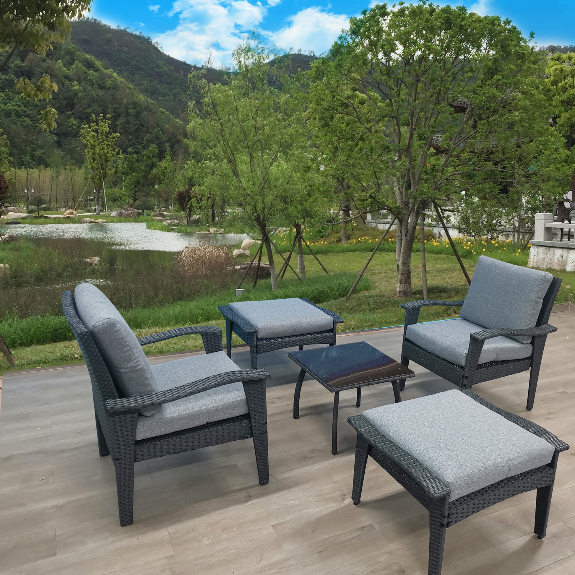 Patio Furniture Outdoor Chair And Ottoman 5 Pieces Rattan Seating Group With Cushions Gray Rattan