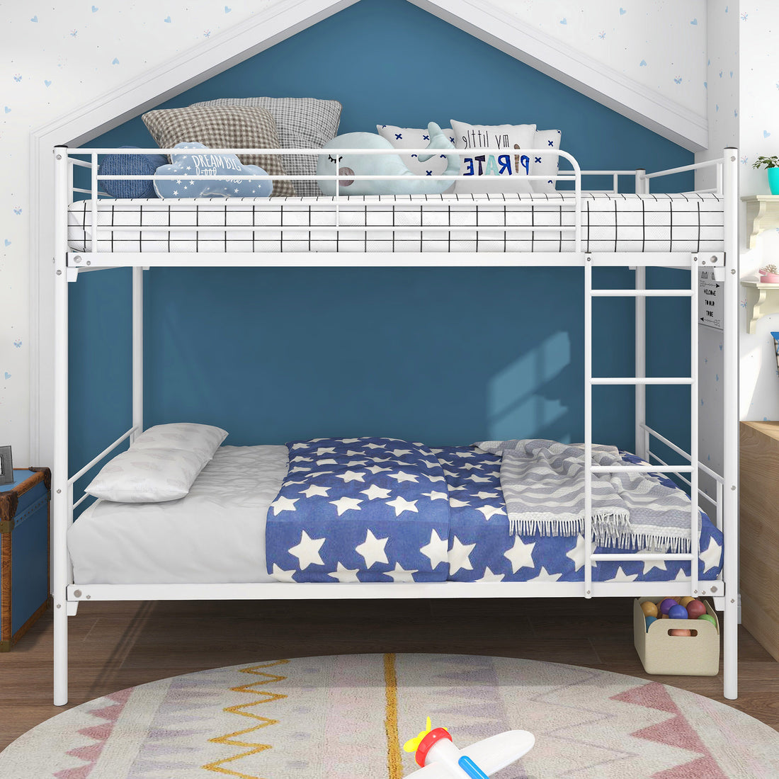 Twin Over Twin Bunk Bed With Metal Frame And Ladder, Space Saving Design,White White Metal