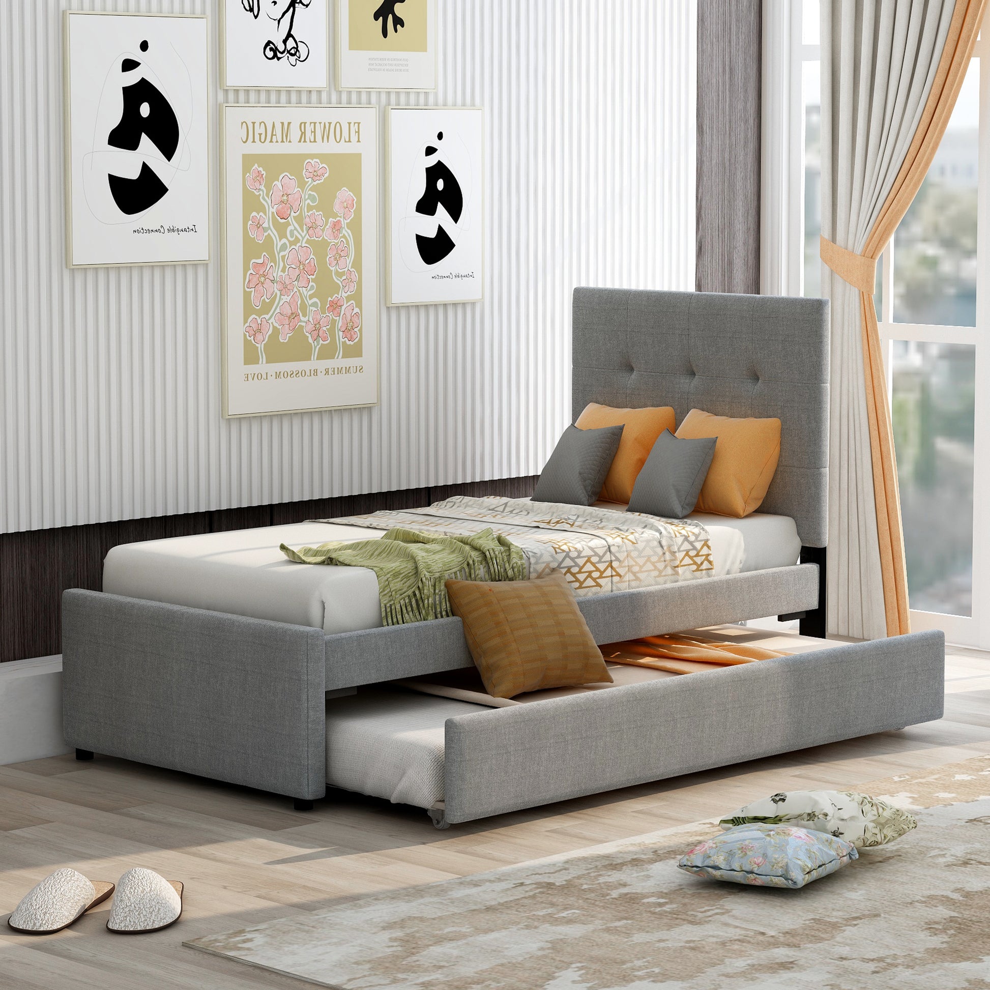 Linen Upholstered Platform Bed With Headboard And Trundle, Twin Old Sku: Sm000504Aae Box Spring Not Required Twin Gray Wood Bedroom Pine Bed Frame Linen Linen