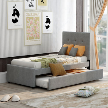 Linen Upholstered Platform Bed With Headboard And Trundle, Twin Old Sku: Sm000504Aae Box Spring Not Required Twin Gray Wood Bedroom Pine Bed Frame Linen Linen