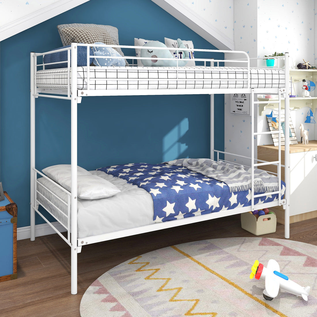 Twin Over Twin Bunk Bed With Metal Frame And Ladder, Space Saving Design,White White Metal