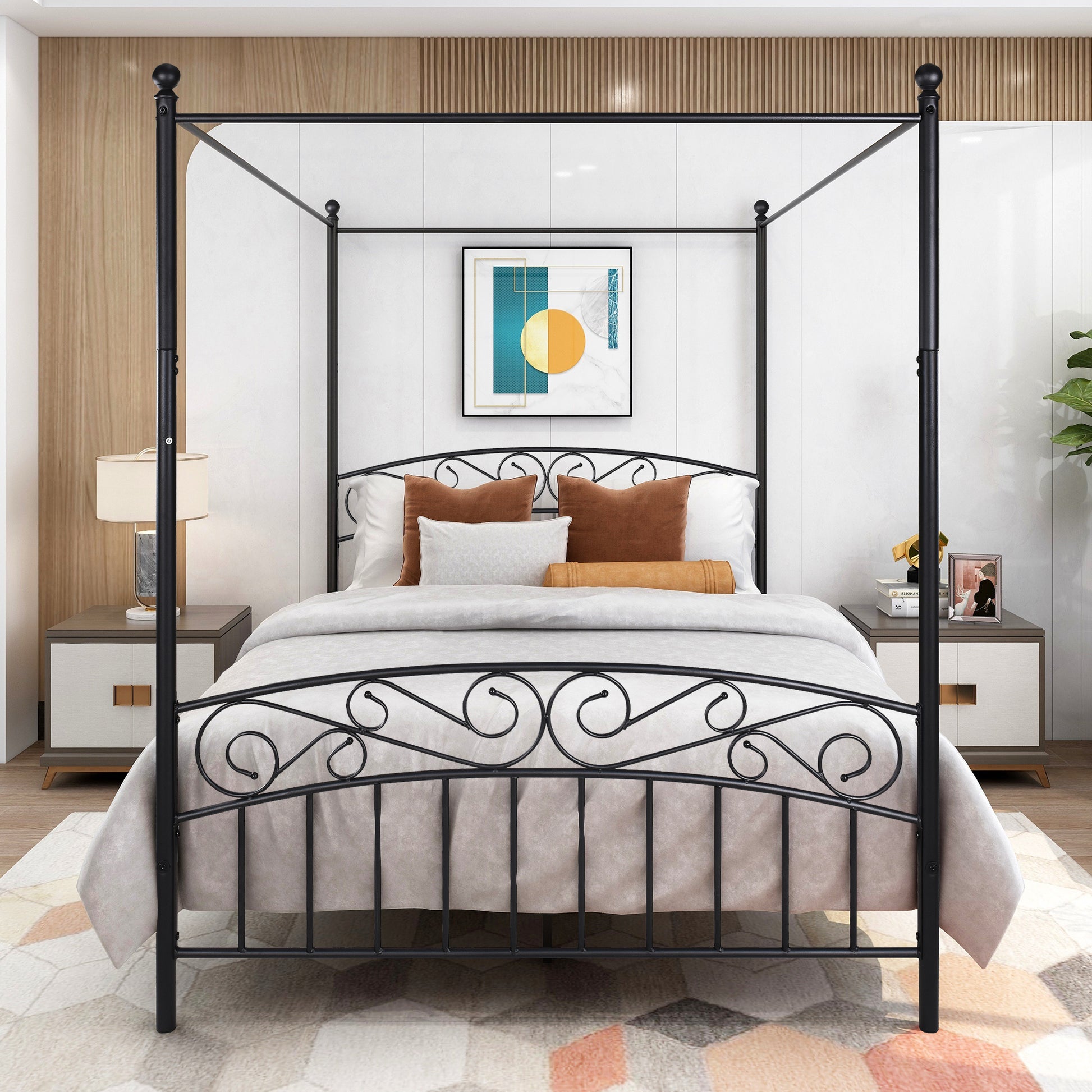 Queen Size Metal Canopy Bed Frame With Headboard And Footboard Black Box Spring Not Required Queen Black Metal Bedroom Bed Frame Metal