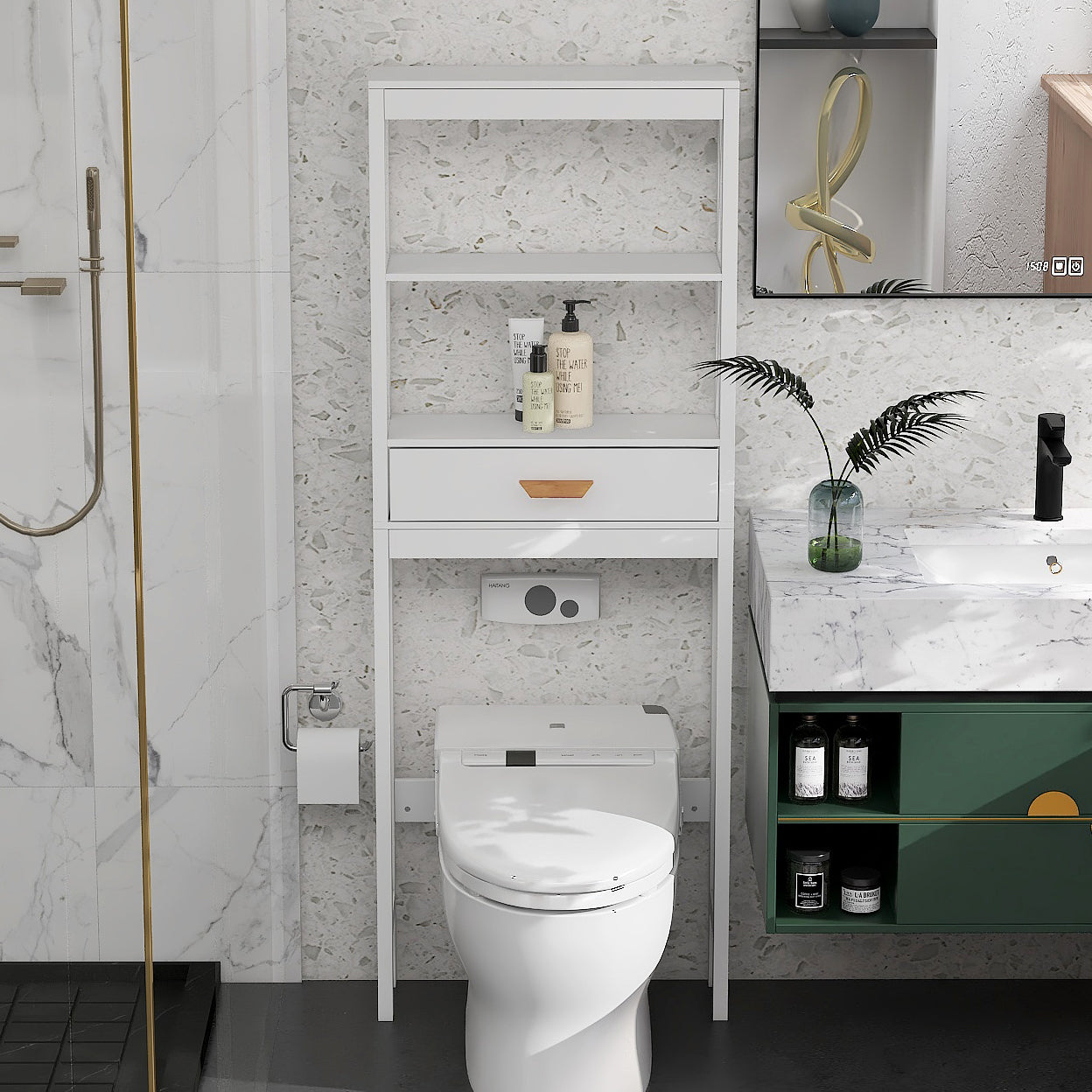 Over The Toilet Storage Cabinet White With One Drawer And 2 Shelves Space Saver Bathroom Rack White Mdf