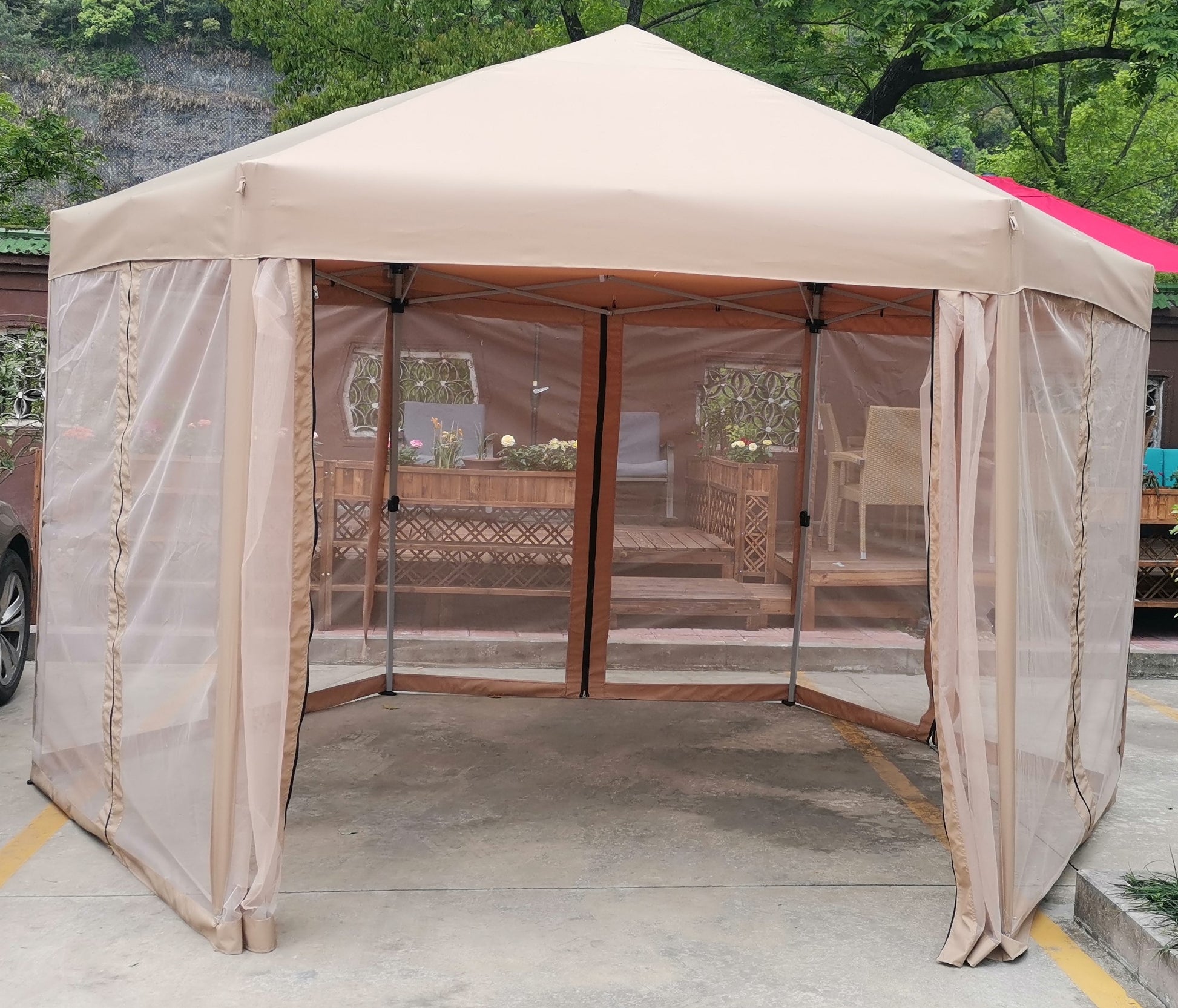 13 Ft. W X 13 Ft. D X 9.2Ft Pop Up Gazebo Tent Outdoor Canopy Hexagonal Canopies Gazebos & Pergolas 6 Sided For Patio Garden Backyard Sun Shelter Bbq Garden Events With Strong Steel Frame Storage Bag Brown Metal