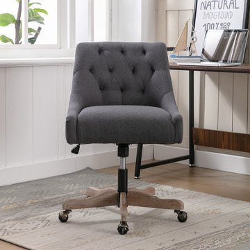 Coolmore Office Chair Adjustable Height Swivel Chair With Wheels Linen Fabric Upholstered Computer Desk Chair With Wooden Legs Charcoal Grey Linen Charcoal Grey Foam Solid Wood