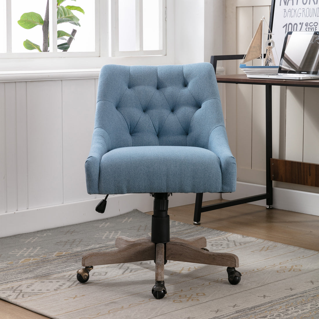 Coolmore Office Chair Adjustable Height Swivel Chair With Wheels Linen Fabric Upholstered Computer Desk Chair With Wooden Legs Navy Linen Navy Solid Wood