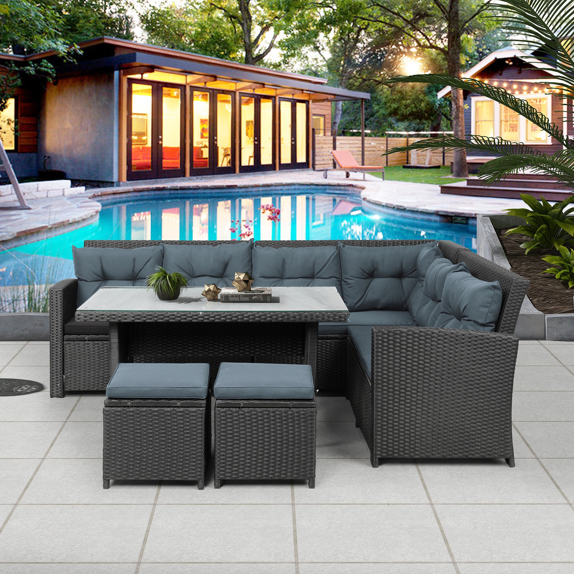 6 Piece Patio Furniture Set Outdoor Sectional Sofa With Glass Table, Ottomans For Pool, Backyard, Lawn Black Yes Complete Patio Set Black Water Resistant Frame Water Resistant Cushion Garden & Outdoor Sofa Seating Groups Foam Rattan